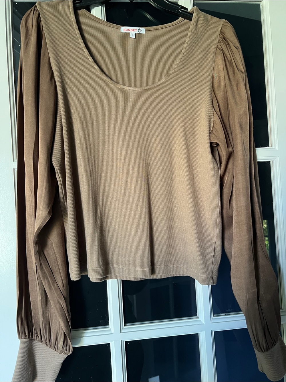 Sundry Taupe Brown Puff-Sleeve Scoop Neck Long Sleeve Top